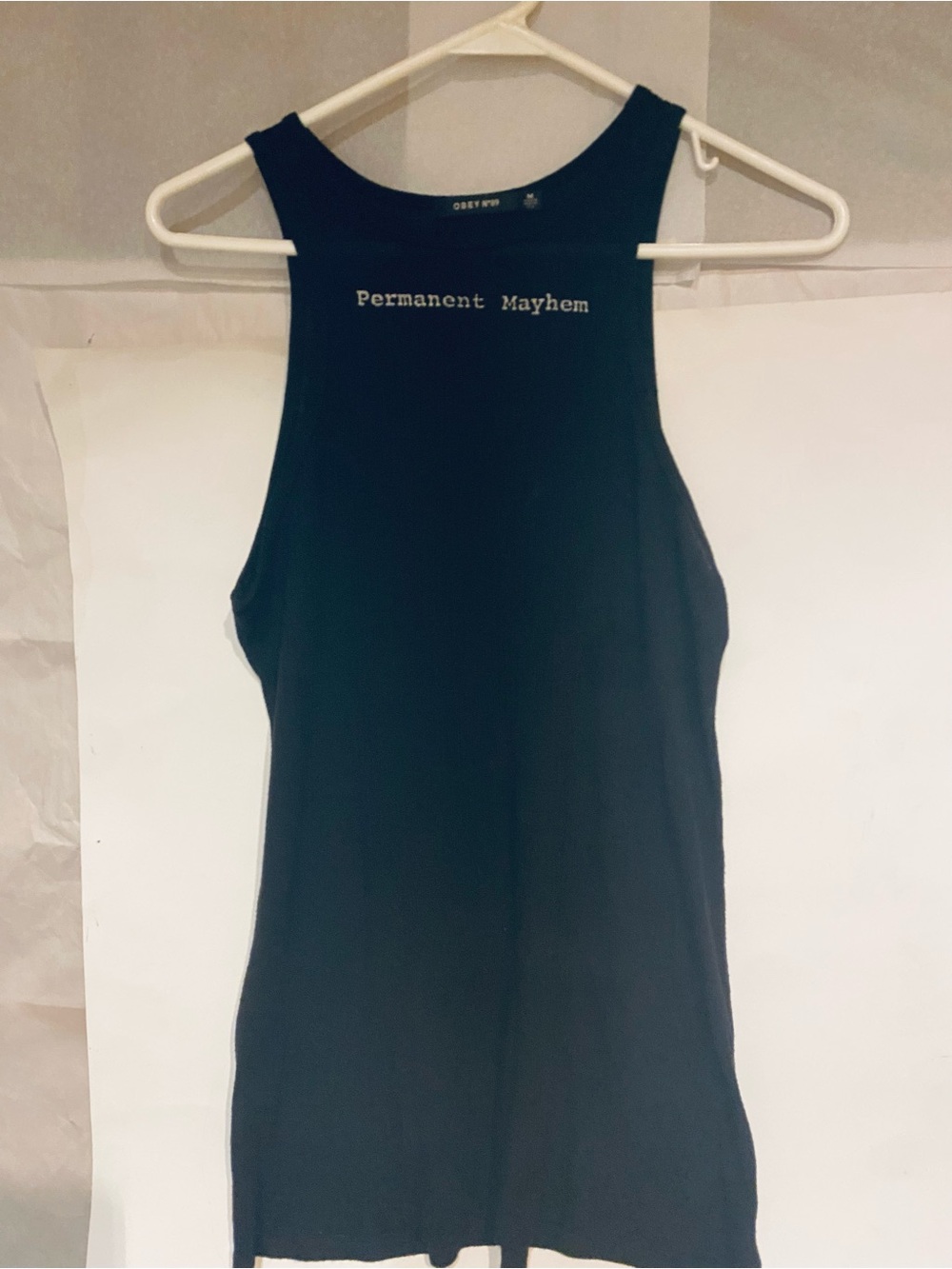 Obey Black Racerback Tank with "Permanent Mayhem" Neck Graphic